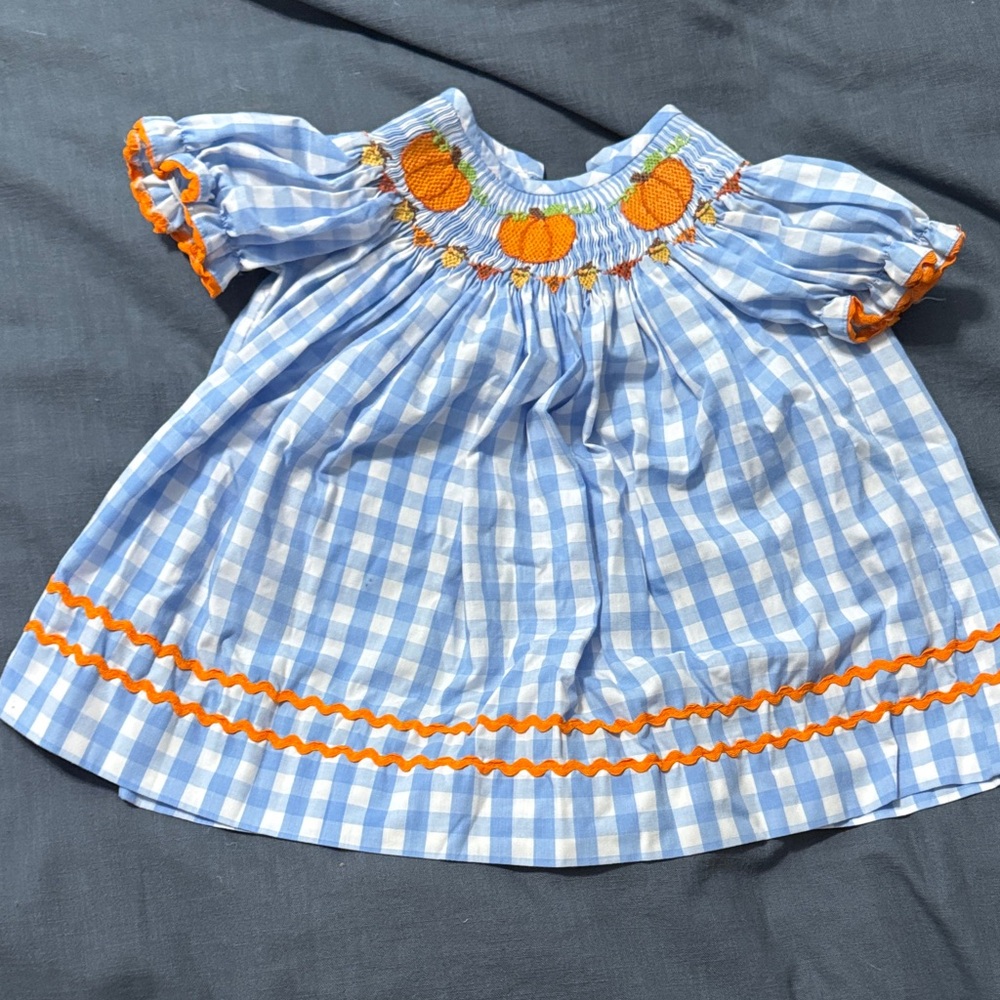 Blue Gingham Smocked Pumpkin Casual Dress for Kids